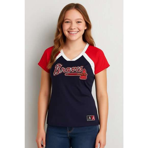 Majestic Tops - Women's Majestic Atlanta Braves Navy Red White V-Neck Jersey T-Shirt S